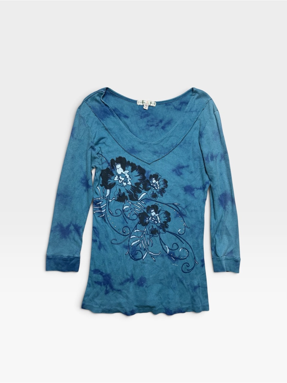 Vintage Suzie Y2K Floral Tie Dye Top Petite M Blue Rhinestone 2000s